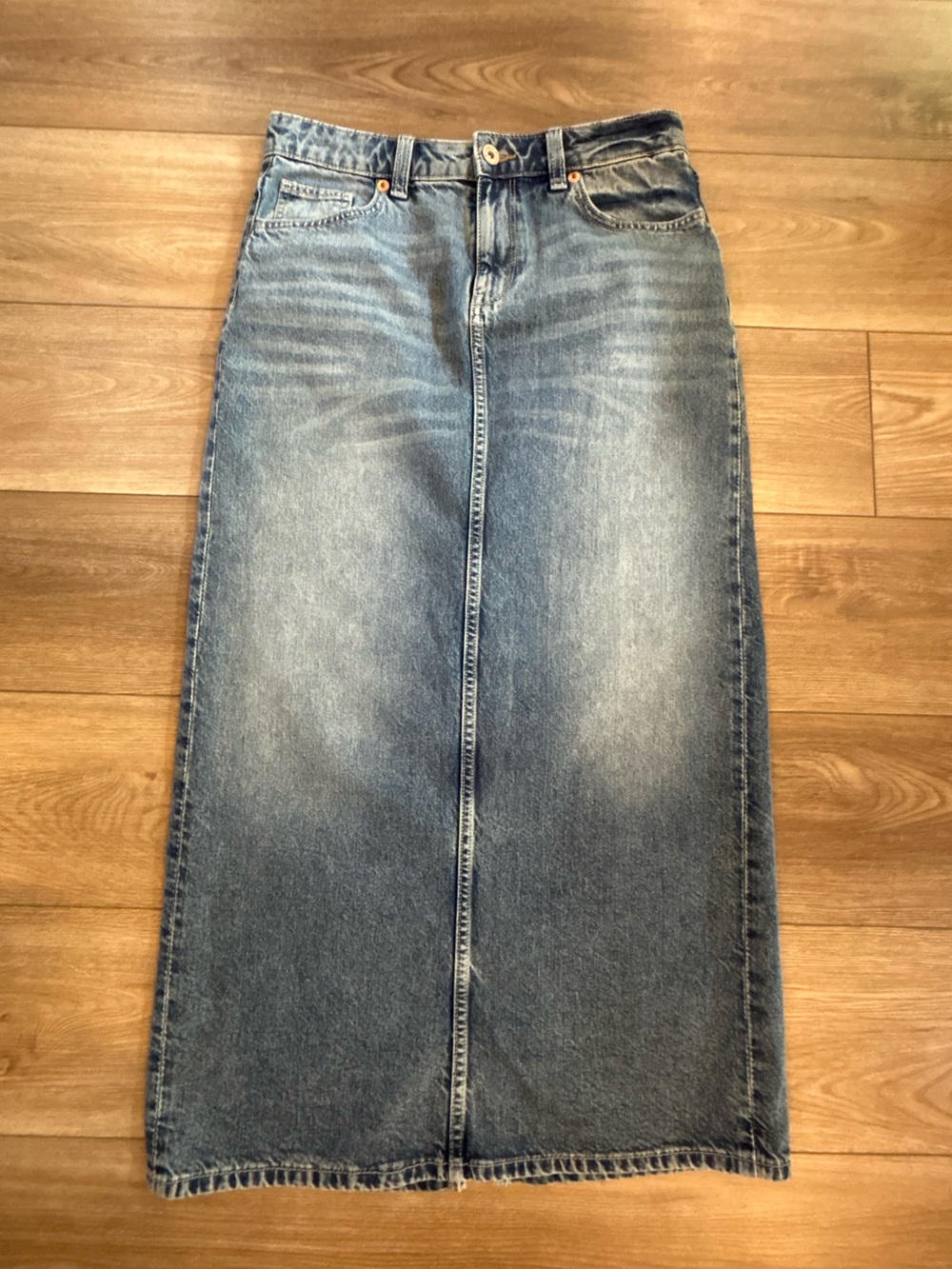 H&M Divided Denim Midi Skirt Back Slit Blue Wash Size 6